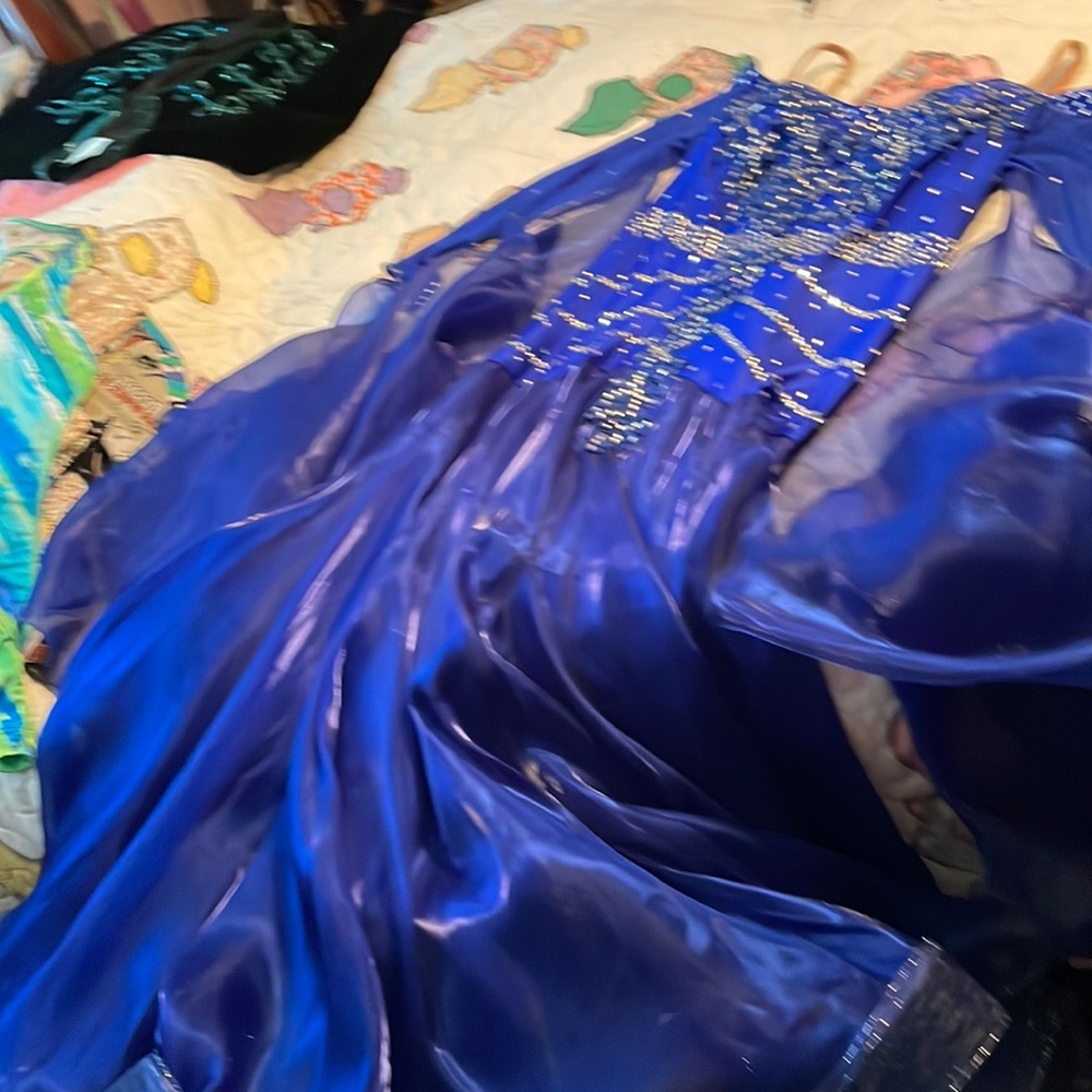 Royal blue smooth dancing dress. Custom made and rhinestoned.